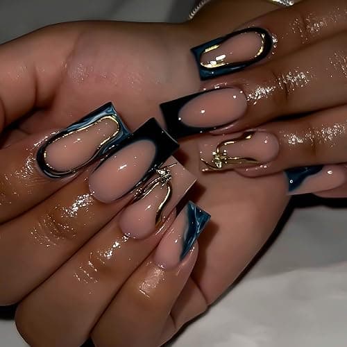 RUOKEXIN Long Square Press on Nails French Tip Fake Nails Gold Ombre False Nails with Designs Sparkly Artificial Nails Long Nail Press ons Cute Stick on Nails for Women 24Pcs - Image 1