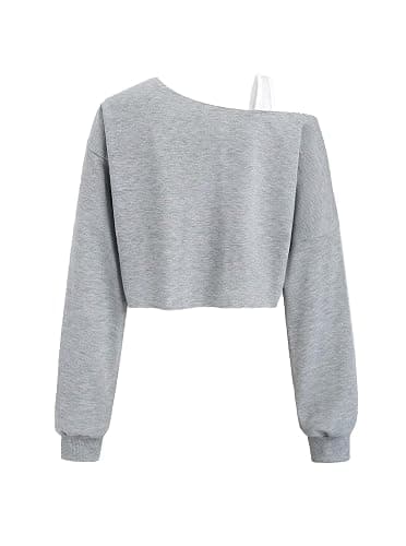 Remidoo Off The Shoulder Tops for Women Cropped Sweatshirt Long Sleeve Top Asymmetrical Patchwork Shirt thumbnail 3