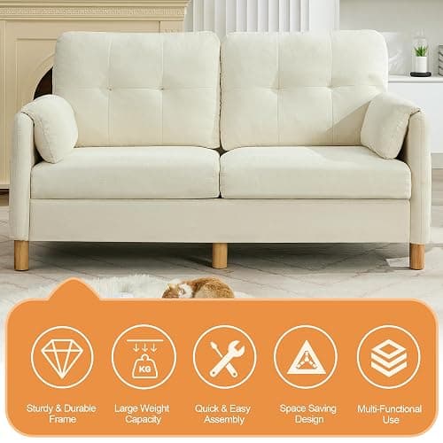 WUTUTUEE 65" Chenille Loveseat Sofa, Modern 2-Seater Love Seat Couch with Armrest Pillows, Storage Pockets, Easy Assembly, Upholstered Tufted Loveseat Sofa Couches for Living Room Bedroom, Beige thumbnail 7