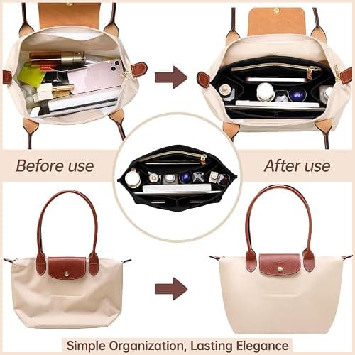 OPPOSHE Purse Organizer Insert for Longchamp Le Pliage, Premium Felt Long Champ Bag Handbag Women, Tote Organizer Insert with 9 Compartments (Medium, Black) thumbnail 3