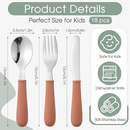 Sunnychicc 18 Pieces Toddler Utensils Kids Silverware with Silicone Handle Stainless Steel Toddler Fork Spoon Knife Set Children Flatware Set, 6 Colors thumbnail 2