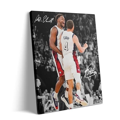 NBA Canvas Wall Art Decor - Anthony Edwards and Stephen Curry Team USA Celebration, Basketball Poster, USA Basketball Olympic Art Wall Decor, Gift for NBA Fans 16X20 inch - Image 1