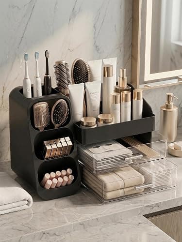 Booklov Makeup Organizer for Vanity, Large Capacity Cosmetic Display Case with Drawers, Countertop Beauty Storage Holder for Skincare, Brush Eyeliner Perfume Eyeshadow Lipsticks, Counter Desk, Black thumbnail 2