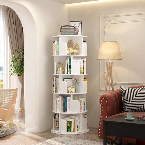 Aheaplus Rotating Bookshelf, 360 Display Wood Spinning Bookshelf Tower, 5 Tier Floor Standing Bookcase Storage Rack, Revolving Bookcase Corner Bookshelfs for Small Space, Bedroom, Study Room, White thumbnail 2