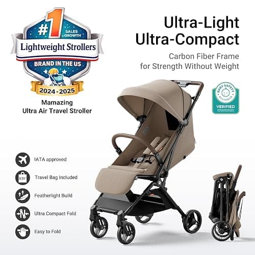 Mamazing Ultra Air Lightweight Baby Travel Stroller with Carbon Fiber Frame | Compact & Airplane-Friendly, One-Handed Fold, 11.6 lbs, UPF50+ Canopy, Under-Seat Basket, Organizer & Cushion Included, Khaki thumbnail 2