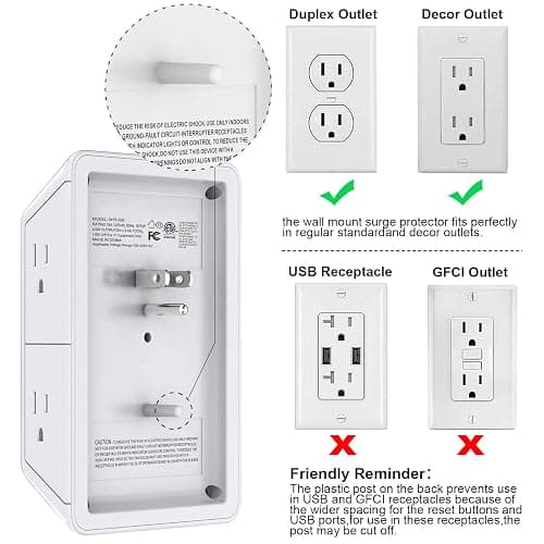 POWRUI Multi Plug 6 Outlet Surge Protector Extender with 3 USB Ports (1 USB C) and Night Light, 3-Sided Power Strip with Adapter Spaced Outlets, ETL Listed, White thumbnail 6