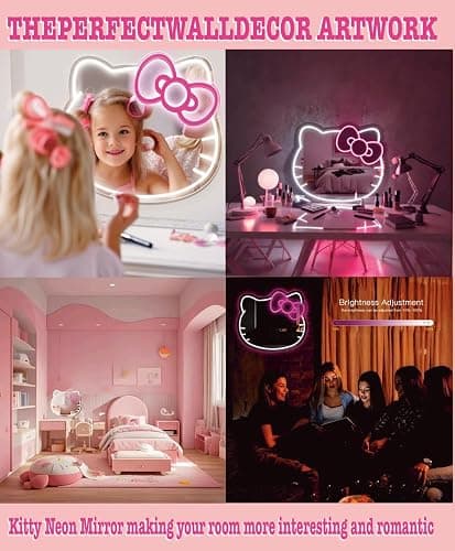 GALLIA Anime Hello Kit Mirror Vanity, Neon Mirror with Dimmable LED Lights, Perfect for Teen Girl Gift, Room Decor, 14.6" x 12.2" thumbnail 2