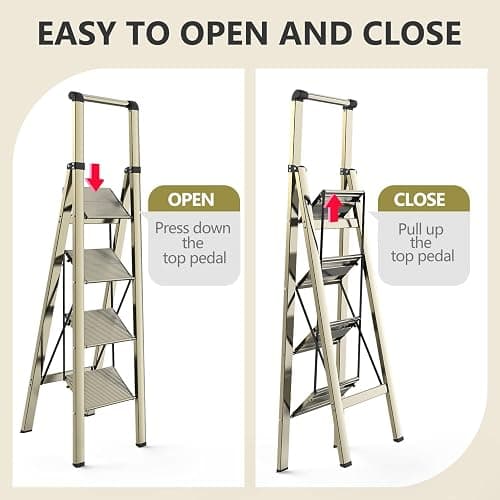 WOA WOA 4 Step Ladders for Home, 300lbs Load, 37'' Top Step, Gold | 9ft Reach; For Closets, Kitchens; Anti-Slip Feet Suit Wood, Tile, Carpet; Rigid Aluminum Pedals; Handrail Adds Balance. thumbnail 8