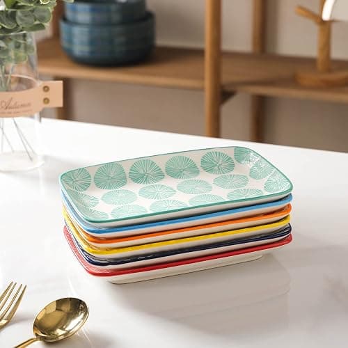 Selamica Ceramic 8 inch Rectangular Salad Plates, Dinner Plates, Pasta Dessert Plates for Appetizer, Sushi, Fruit - Microwave/oven/Dishwasher Safe, Set of 6, Assorted Colors thumbnail 7