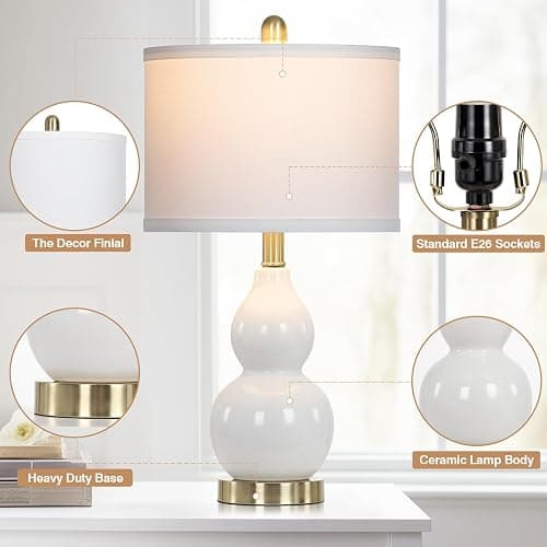 Rinweey Double Gourd Ceramic Table Lamps Set of 2, Modern White Bedside Lamps for Night Stand, Contemporary Nightstand Lamps for Bedroom Living Room (Bulb Included) thumbnail 5