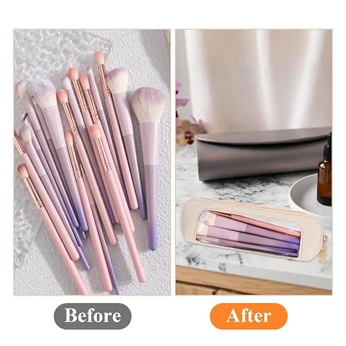 Psyqtsuary Small Clear Makeup Bag, PU Leather Travel Makeup Brush Case Portable Transparent Waterproof Cosmetic Organizer Pouch with Zipper for Women Home Travel Office Cosmetic Storage (Beige) thumbnail 5