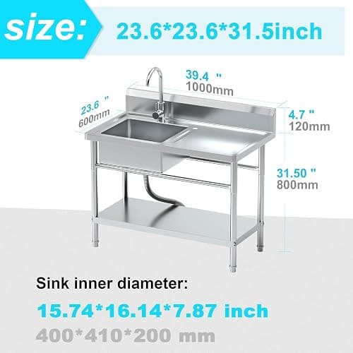PurezmMoto Utility Sink Freestanding Single Bowl Laundry Sink with Hot and Cold Water Plumbing Workbench & Storage Stainless Steel Sink for Kitchen and Bathroom Farmhouse Style, 39Inch, Metallic Gray - 40" Stainless-Steel Sink thumbnail 3
