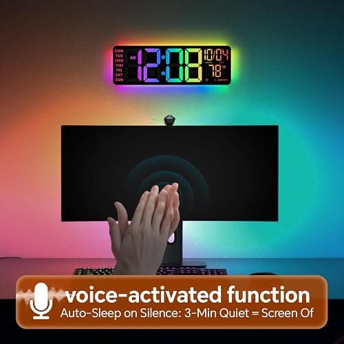 16" Digital Wall Clock with Night Light, Digital Clock with RGB Colors Changing Remote Control, Dual Alarm, Dimmer, Auto DST, Voice Control, Auto Time Sync, Clocks for Living Room, Gift for Elderly thumbnail 6