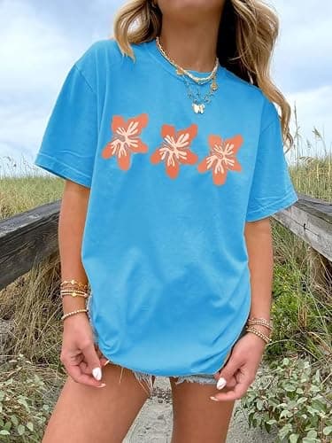 Oversized Graphic Shirt for Teens Girl Y2K Ocean Floral Short Sleeve Baggy Tee Shirts Vintage Aesthetic Coastal Tops thumbnail 2