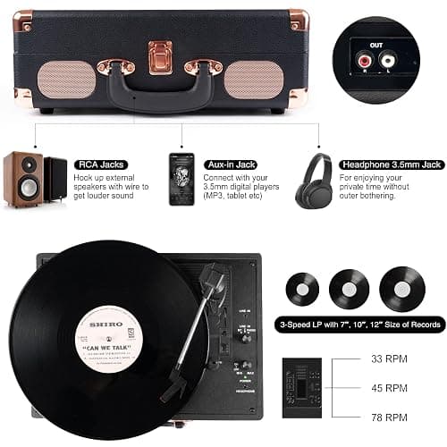 Retrolife® Record Player,3-Speed Bluetooth Suitcase Vinyl Player-Black | Built-in Stereo Speakers, Portable Turntable Plays 7/10/12" Records, 33/45/78 RPM, Bluetooth Streaming, RCA/Headphone Jack thumbnail 5