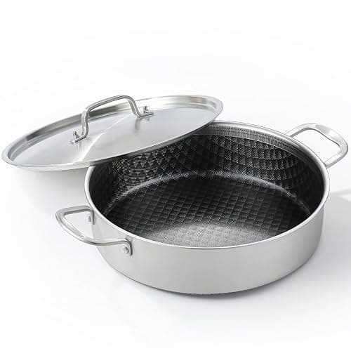 DELARLO Tri-Ply Stainless Steel Braiser Pan with Lid 5 Quart Nonstick Induction Rondeau Cooking Pot 12inch Deep Frying Pan Large Saute Pan Heavy Duty,Dishwasher and Oven Safe to 550℉ - Image 1