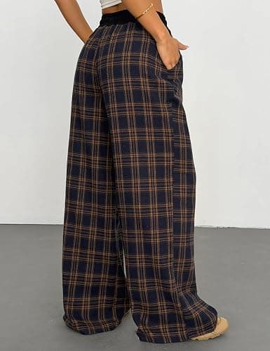 Wyeysyt Women Plaid Pants Gingham Pajama Pants Baggy Sweatpants | Wide Leg Pants, Elastic Drawstring Sweatpants, Fall Winter Casual Pants thumbnail 3