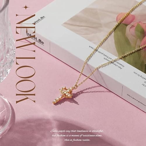 Ticome Rotatable Crown Cross Pendant Necklace,Fashion Creative Personality Stainless Steel Zirconia Necklace Jewellery for Men Women(Gold) thumbnail 3