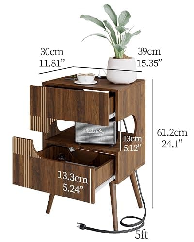 JOONEE Nightstand with Charging Station and LED Lights,Modern Bedside Table with 2 Storage Drawer,Night Stand with Solid Wood Legs,White (Walnut Brown) thumbnail 2