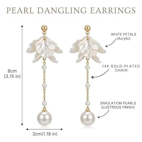 KRUCKEL White Pressed Flower Dangle Earrings | Golden Studs with Pearl like Drops | Hypoallergenic, Lightweight Jewelry for Women | Sparkle at Birthday, Anniversary, Graduation, Wedding thumbnail 2