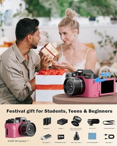 NBD 5K 64MP Digital Cameras for Photography with Dual-Lens WiFi | Vlogging Point and Shoot Camera Kit for Beginners,with 180° Flip Screen,16X Zoom,32GB Card,2 Batteries(PINK) thumbnail 6