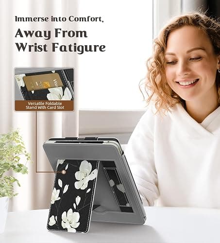 MoKo Case for 6.8" Kindle Paperwhite (11th Gen 2021) and Kindle Paperwhite Signature Edition, Slim PU Shell Cover Case with Auto-Wake/Sleep for Kindle Paperwhite 2021 E-Reader, Black & White Magnolia thumbnail 3