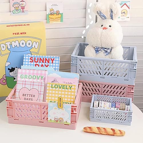 Weraher Plastic Baskets for Desk Organizing, Drawer Organizer, 2 Medium+2 Small Durable Folding Storage Crate for Home Kitchen Classroom Office Bedroom and Bathroom (Pink) thumbnail 2