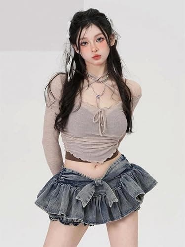Harajuku Lovely Bow Denim Skirt Y2K Fairycore Vintage Low Waist Sexy Pleated Mini Short Skirts Women Streetwear thumbnail 6