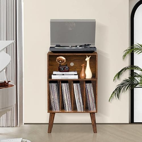 Lerliuo Record Player Stand, Brown Turntable Stand Holds up to 160 Albums, Mid-Century Vinyl Storage Cabinet Table with Solid Wood Legs, Record Player Holder Dispaly Shelf for Bedroom Living Room thumbnail 8