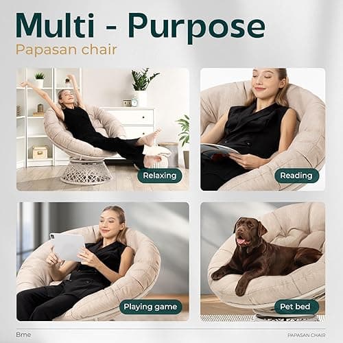 Bme 40" Ergonomic Wicker Papasan Chair with Soft Thick Density Fabric Cushion, High Capacity Steel Frame, 360 Degree Swivel for Living, Bedroom, Reading Room, Lounge - Upgrade Cushion - Classic 40" - Sephia Sand - White Base thumbnail 9