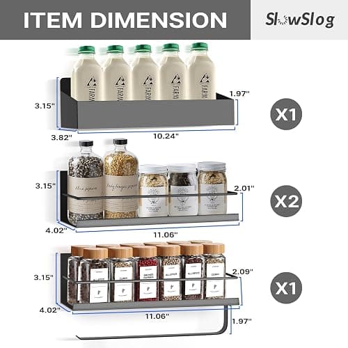 Slow Slog Magnetic Spice Rack, 4 Pack Magnetic Shelf for Refrigerator, Magnetic Refrigerator Organizer, Kitchen Space Saving, Moveable Spice Rack Organizer with Paper Towel Holder, Metal Gray thumbnail 3