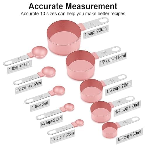 Measuring Cups and Spoons Set, 10-Piece with Stainless Steel Handles, Pink | Nesting, Multiple Sizes to Measure Dry & Liquid Ingredients, Clear Markings, Kitchen Essentials Gadgets for Baking & Cooking thumbnail 3