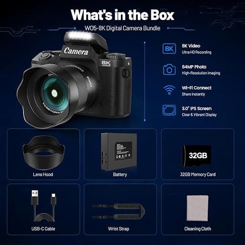 Cameras for Photography, 64MP Dual Lens Vlogging Camera & 32GB Card (Black) | 8K Digital Camera with 4" Touch Screen, LED Fill Light, 3000MAh Battery, Lens Hood, Hot Shoe & 32GB TF Card thumbnail 9