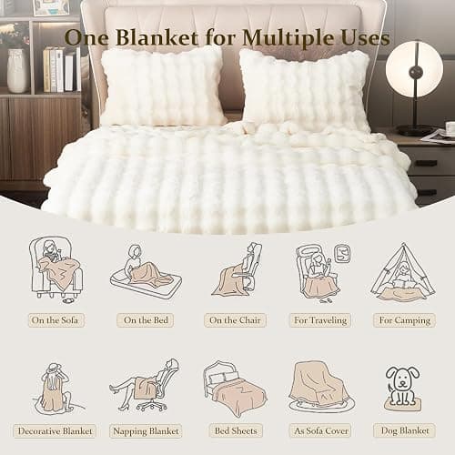 GKXLH Fluffy Blanket White - Soft Throw Blanket for Couch, Fuzzy Plush Rabbit Faux Fur Blanket, Cute Cozy Blankets for Women, Thick Bubble Blankets for Bed Sofa Bedroom Living Room - 39" x 63" Small - White - 39" x 63" (Small) thumbnail 4