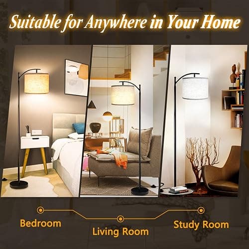 ROTTOGOON Floor Lamp for Living Room with 3 Color Temperatures LED Bulb, Standing Lamp Tall Industrial Floor Lamp Reading for Bedroom, Office (9W LED Bulb, Beige Lampshade Included) -Black thumbnail 5