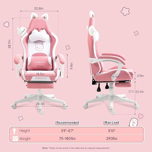Dowinx Gaming Chair Cute with Cat Ears and Massage Lumbar Support, Ergonomic Computer Chair for Girl with Footrest and Headrest, Comfortable Reclining Game Chair 290lbs for Adult, Teen, Pink thumbnail 2