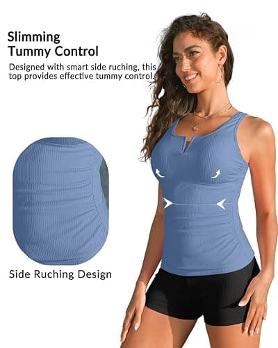 Daci Womens 2 Piece Tankini Swimsuits - Tummy Control Bathing Suit with Shorts V Wire Tankini Top Ribbed Swimwear thumbnail 6