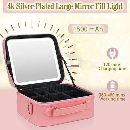 Travel Makeup Bag with Light Up Mirror,Makeup Travel Case with adjustable dividers,Waterproof Makeup Train Case,lighted Makeup Case with Detachable Mirror thumbnail 7