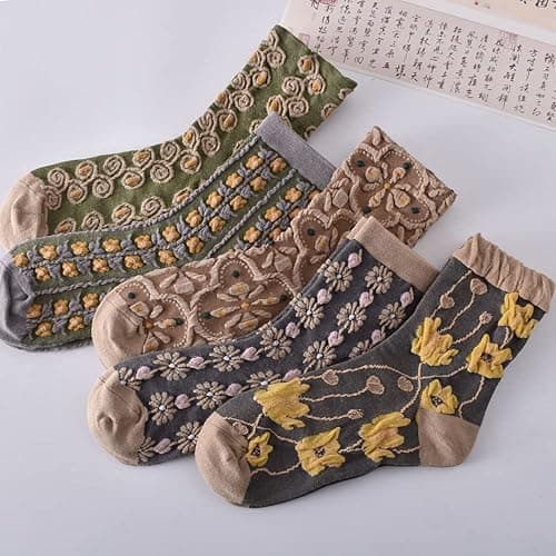 BOFAYS 5 Pairs Womens Floral Cute Socks Vintage Embroidered Plant Socks for Women Teens Cotton Cozy Ankle Sock thumbnail 3