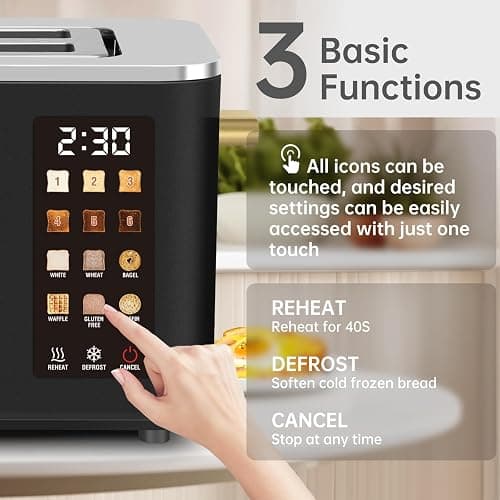 SEEDEEM Toaster 2 Slice, Touch Control Screen, Smart Stainless Toaster, 6 Shade Setting, 6 Bread Selection, Countdown, Removable Crumb Tray, 900W, Matte Black thumbnail 4