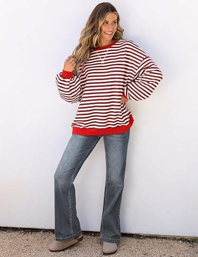 UEU Women Oversized Striped Crewneck Sweatshirt Long Sleeve Color Block Pullover Tops Casual Loose Workout Shirt thumbnail 4