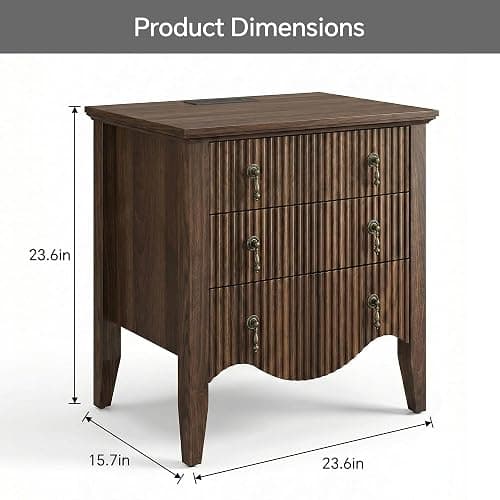 FUSUNBAO Nightstand with Charging Station, Vintage Bedside Table with 3 Fluted Drawers and Open Shelf, Rustic End Table with Power Outlet and USB Ports for Bedroom, Walnut thumbnail 2