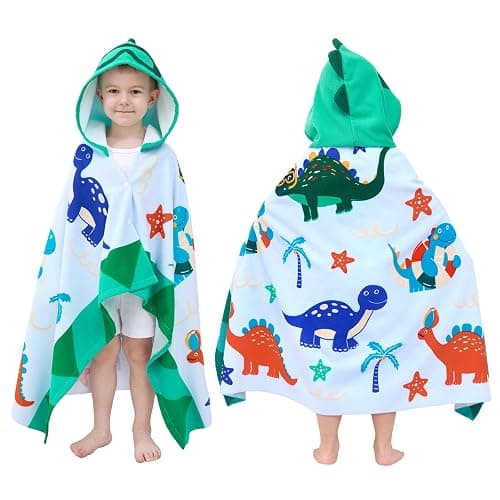 UOMNY Kids Beach Towels,Hooded Towels,Kids Hooded Bath Towel 30" x 50" | Kids Hooded Bath Towel 30" x 50" for 3-10 Years,Pool Ponchos for Kids with Hood,Boys Beach Towel,Green Dinosaur - Image 1