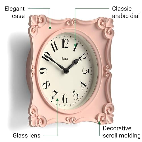 JONES CLOCKS® Rialto Wall Clock | Ornate Vintage Style Square Clock | 10 inch | Pink | Ideal for The Living Room or Bedroom thumbnail 6
