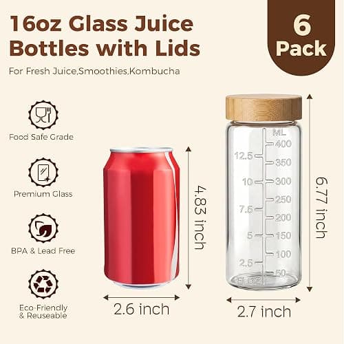 HomArtist 16oz Round Glass Juice Bottles with Lids, 6 Pack Reusable Juice Containers with Bamboo Lids, Glass Juicing jars with 4 Straws & 2 Airtight Lid with Hole for Drinking thumbnail 3