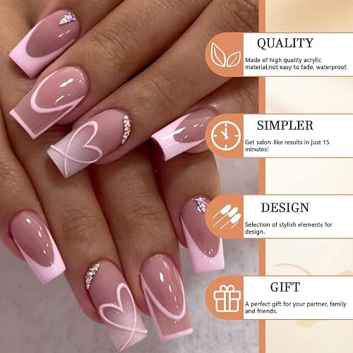 GlamRays Pack of 24 Pink Coffin Press On Nails, Deep Gradient Colour, French Manicure with Heart Decoration thumbnail 4