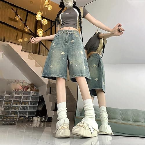 RILGOU High Rise Wide Leg Star Print Jean Bermuda Shorts thumbnail 5