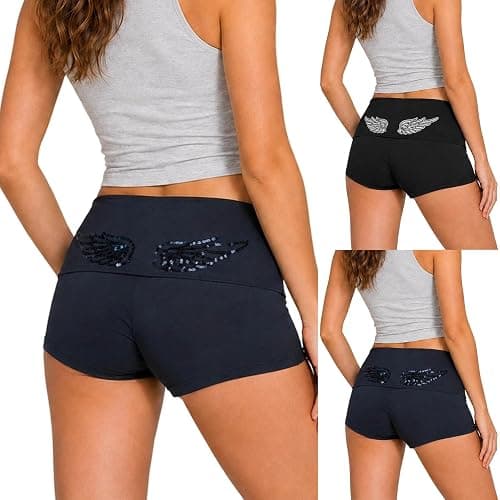 Womens Fold Over Y2k Shorts Sequin Angel Wing Lounge Bottoms Foldover Pants | Y2K Foldover Shorts, Sequin Angel Wing Fold Over Booty Shorts, Low Rise, Mini Gym Yoga Leggings, Pjs Casual Going Out Pants thumbnail 2