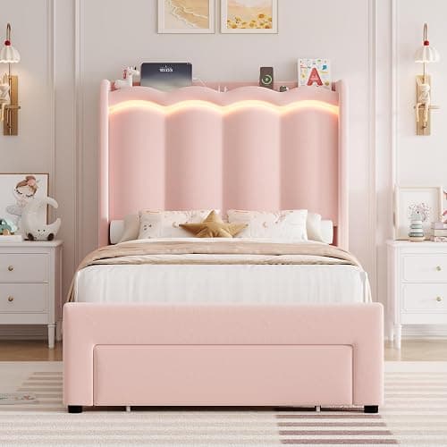 HIFIT Pink Velvet Twin Bed Frame with LED&Charging Station&Storage Drawer | Twin Size Princess Bed for Girls, Camas Twin with Double Wavy Shaped Wingback Headboard, Solid Frame, No Box Spring Needed thumbnail 4