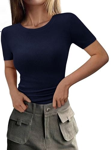 PRETTYGARDEN Women 2025 Summer Crew Neck Short Sleeve Tops Ribbed Knit Slim Fit Fashion Basic Tee Shirts Casual Going Out Top - Image 1